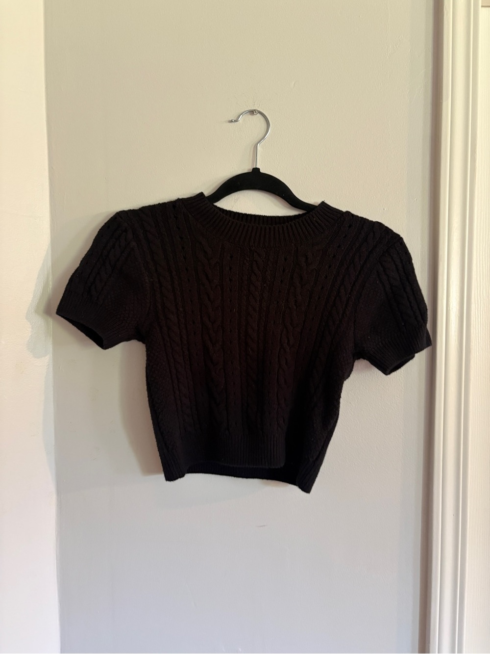 Anthropologie Black Cable-Knit Short Sleeve Sweater Top
